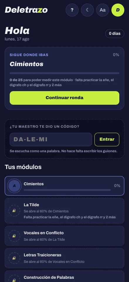 El mapa de módulos, con Cimientos abierto y los siguientes por desbloquear.