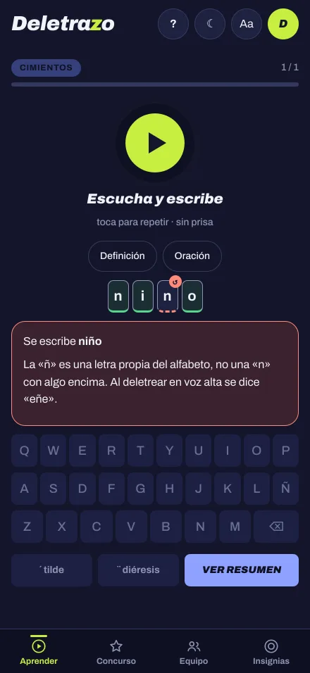 Una palabra fallada: la letra equivocada marcada y, debajo, la regla que la explica.